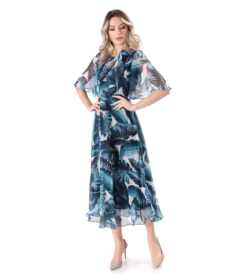 Printed veil midi dress with wide sleeves