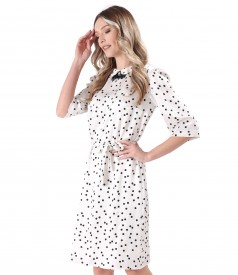 Elegant dress with satin viscose collar with polka dots and detachable brooch