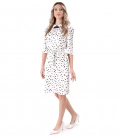 Elegant dress with satin viscose collar with polka dots and detachable brooch