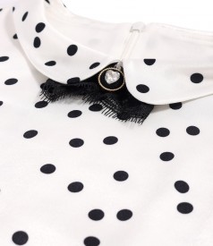 Elegant dress with satin viscose collar with polka dots and detachable brooch