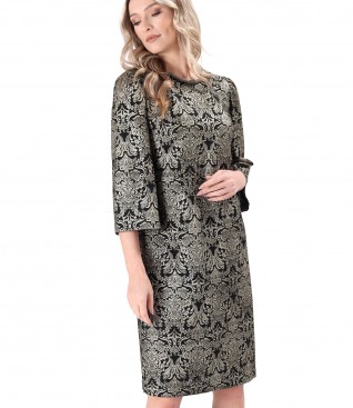 Viscose evening dress with linen printed with golden motifs