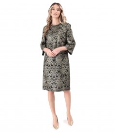 Viscose evening dress with linen printed with golden motifs