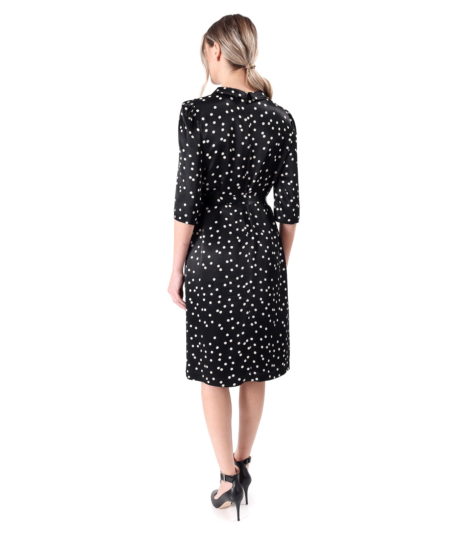 Elegant dress with satin viscose collar with polka dots and detachable brooch