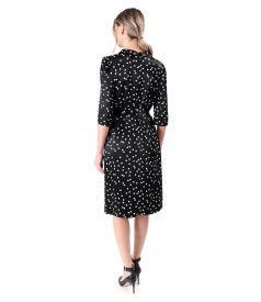 Elegant dress with satin viscose collar with polka dots and detachable brooch