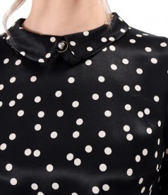 Elegant dress with satin viscose collar with polka dots and detachable brooch