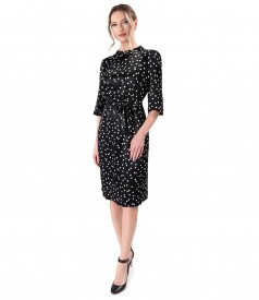 Elegant dress with satin viscose collar with polka dots and detachable brooch