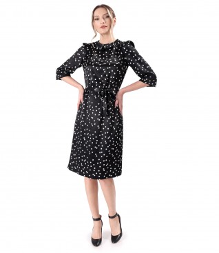 Elegant dress with satin viscose collar with polka dots and detachable brooch