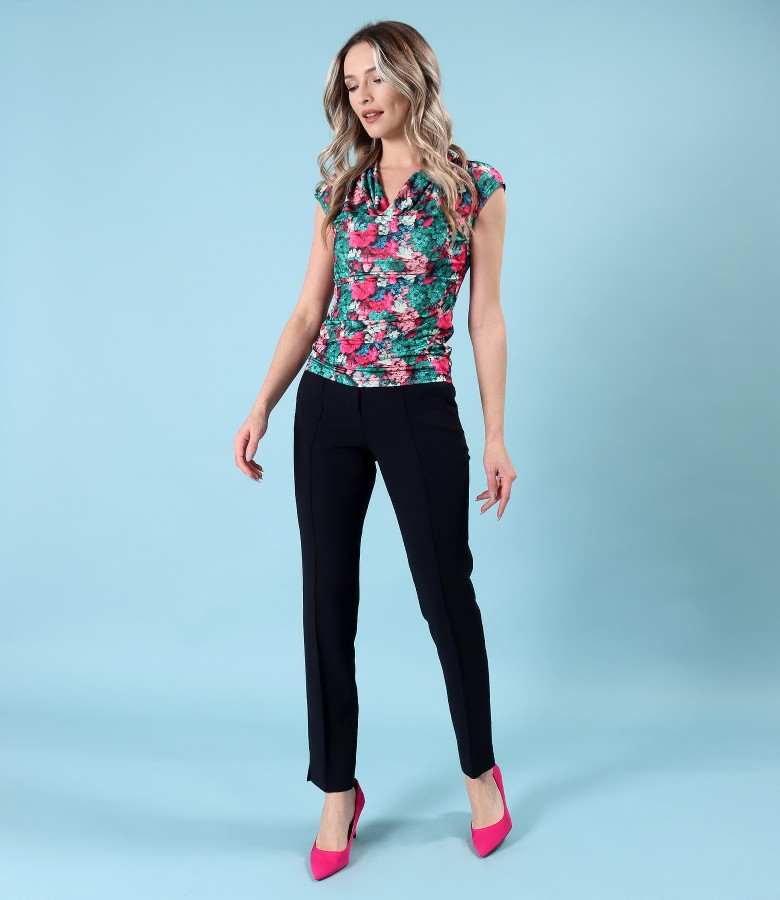 Ankle pants with blouse made of elastic jersey with pleats at the neckline
