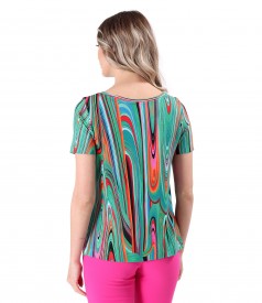 Elastic jersey blouse printed with geometric motifs