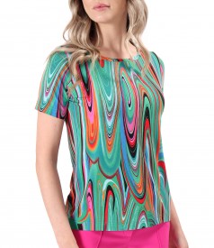 Elastic jersey blouse printed with geometric motifs