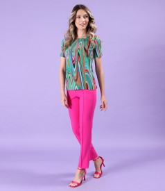 Elastic jersey blouse printed with geometric motifs