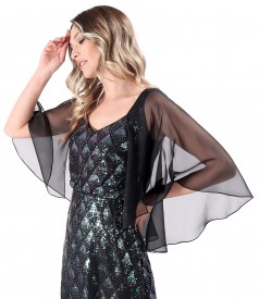 Long sequined evening dress with a veil cape