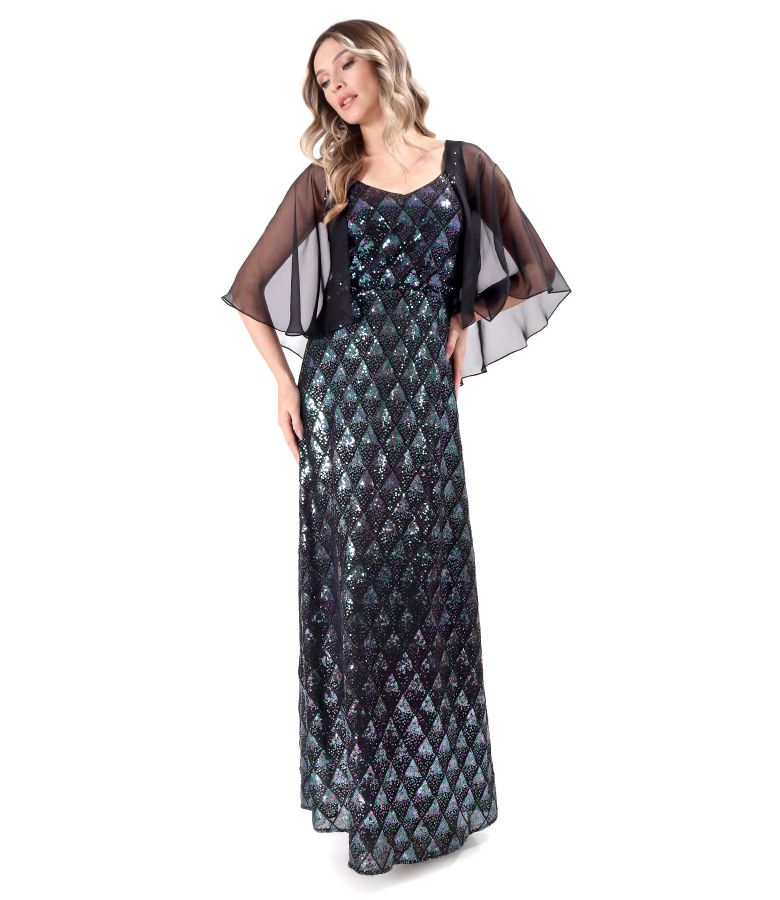 Long sequined evening dress with a veil cape