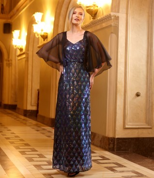 Long sequined evening dress with a veil cape