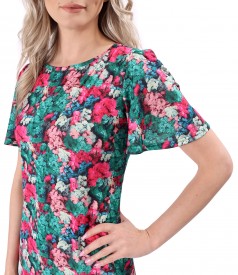 Elastic jersey dress printed with floral motifs