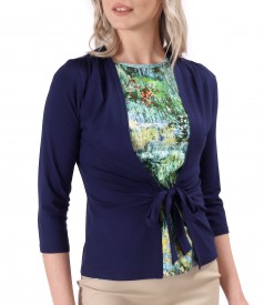 Elastic jersey blouse tied with cord