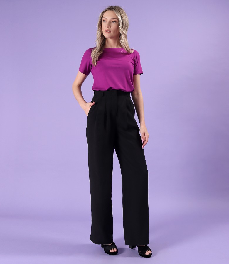 Tencel and linen pants with elastic jersey blouse