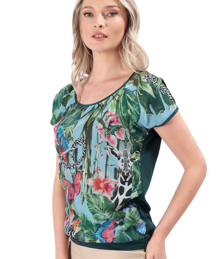 Elegant blouse with printed soft veil front