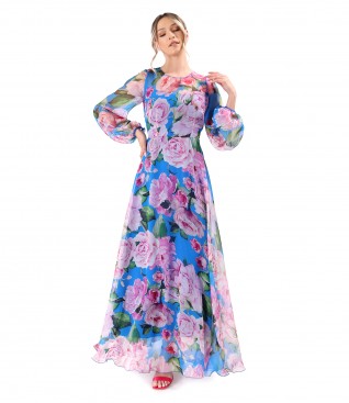 Long printed veil dress with oversized floral motifs