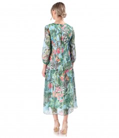 Midi dress with frill made of veil printed with floral motifs