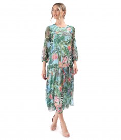 Midi dress with frill made of veil printed with floral motifs