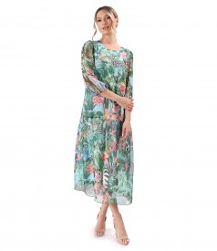 Midi dress with frill made of veil printed with floral motifs