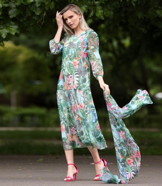 Midi dress with frill made of veil printed with floral motifs