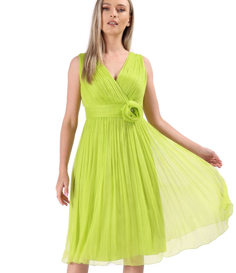 Natural silk voile evening dress with brooch