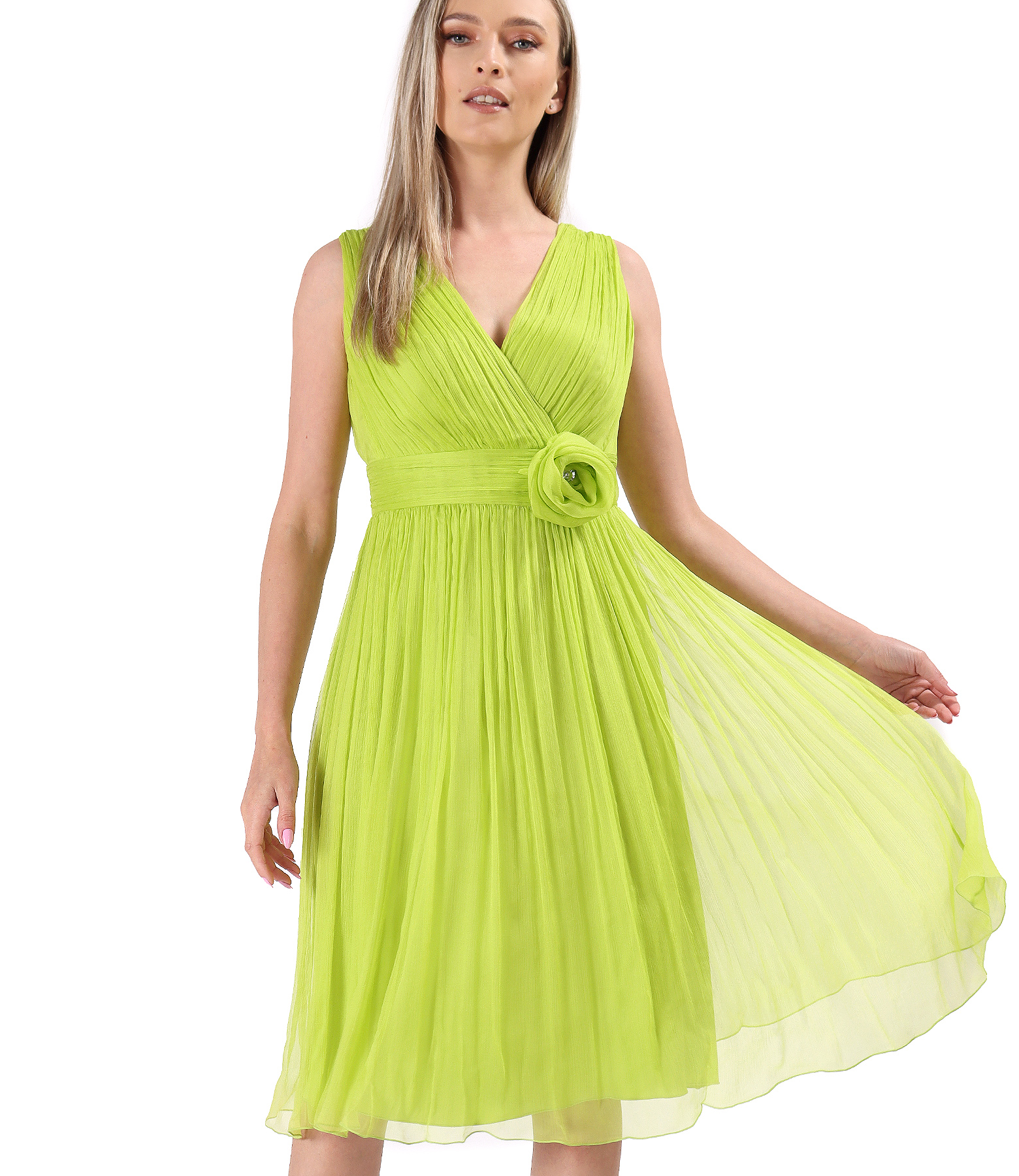 Natural silk voile evening dress with brooch