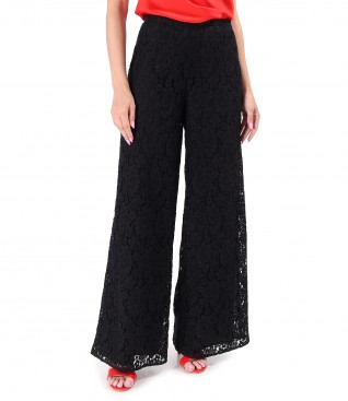 Wide-leg pants made of lace with cotton with floral motifs