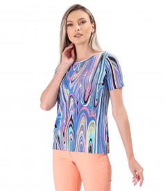 Elastic jersey blouse printed with geometric motifs