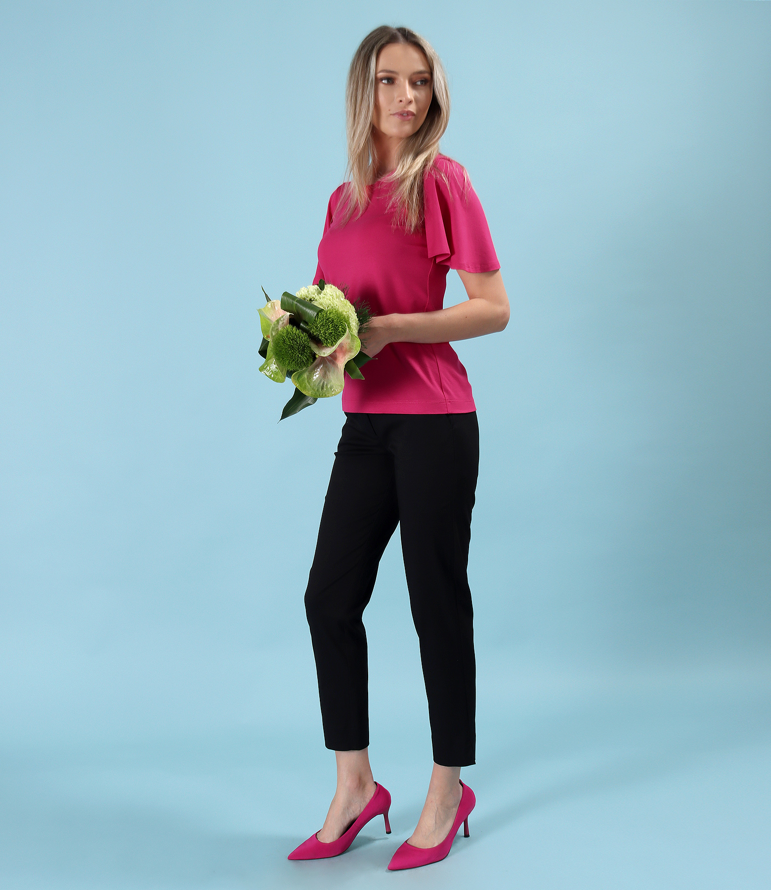 Elegant trouser set in tencel and cotton with plain stretch jersey blouse