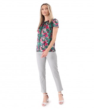 Elegant outfit with natural silk blouse and ankle pants