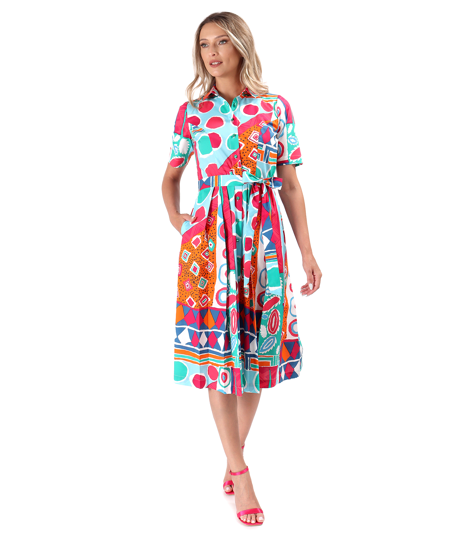 Shirt-type dress made of printed elastic cotton