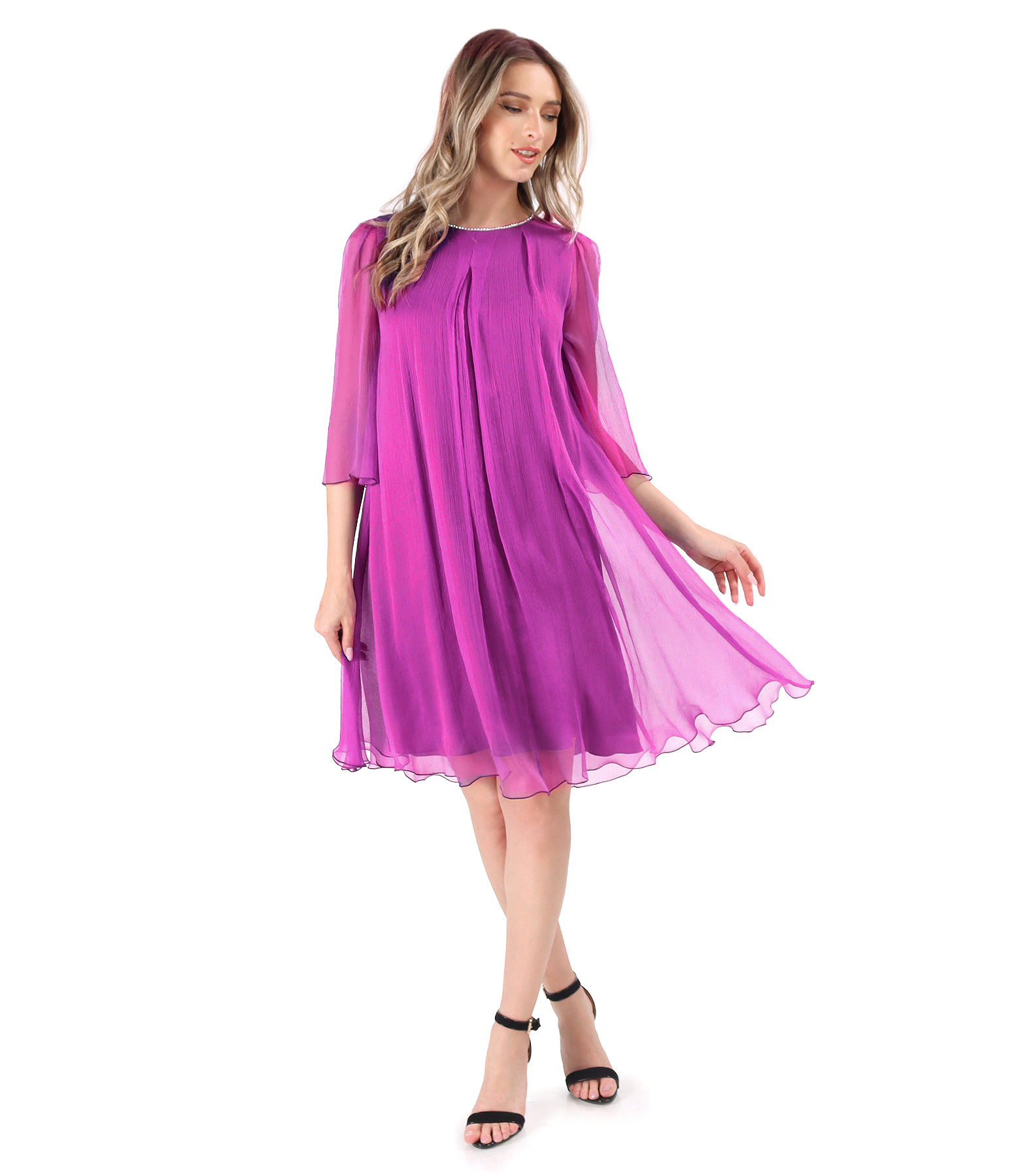 Silk dress with crystals inserts on decolletage
