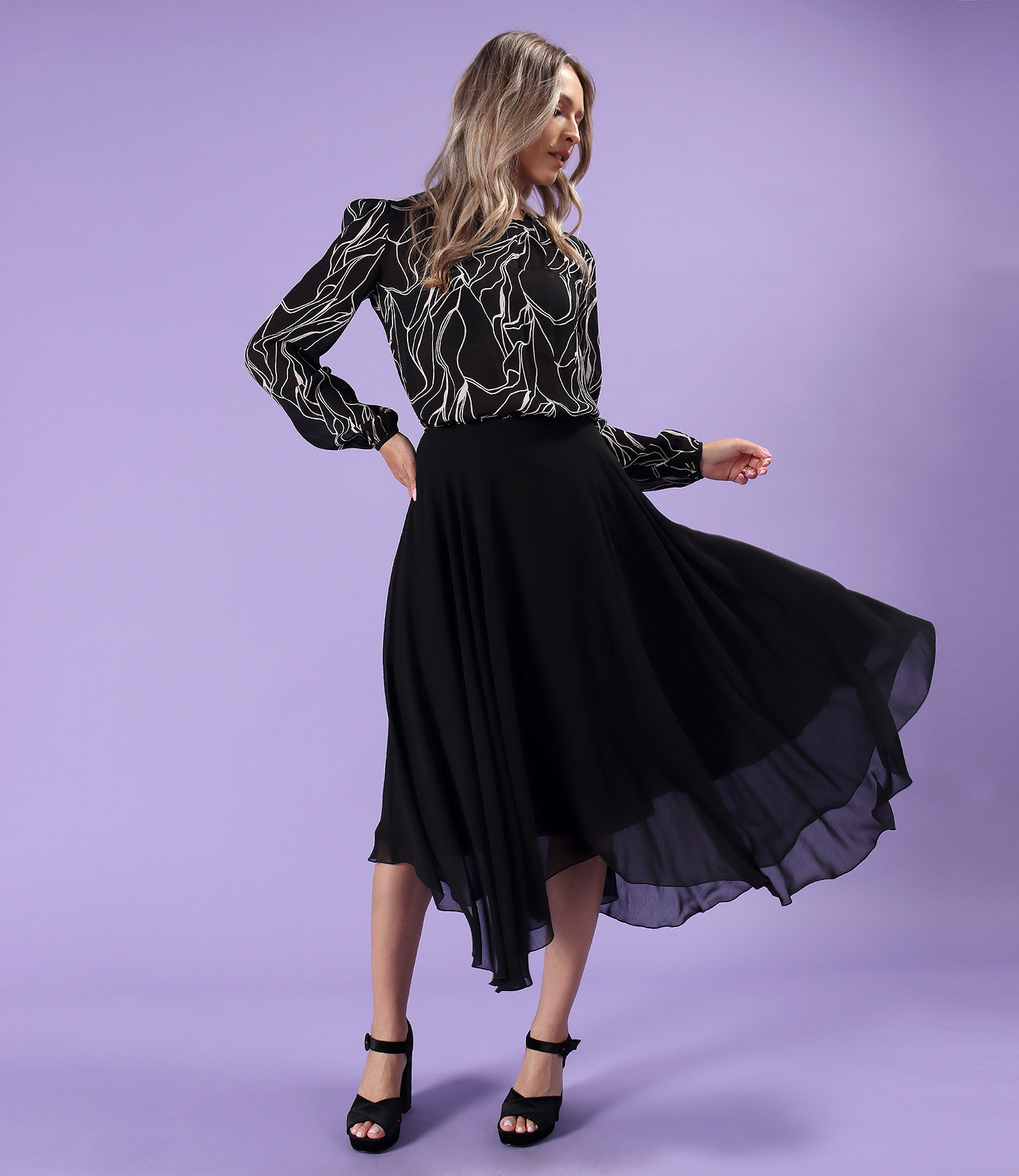 Elegant set with a viscose blouse and midi voile skirt