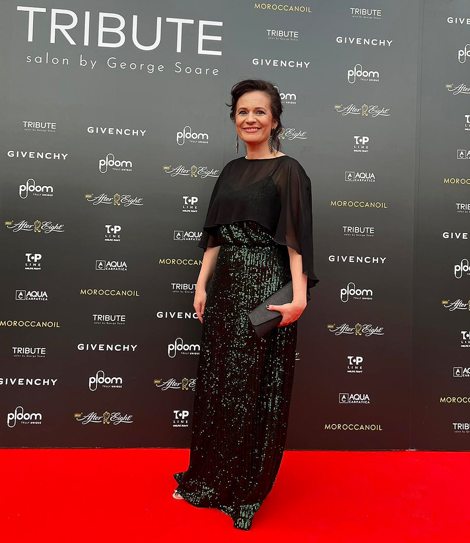 Evening set with long sequin dress and voile cape