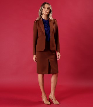 Womens office suit with jacket and flared skirt made of elastic fabric