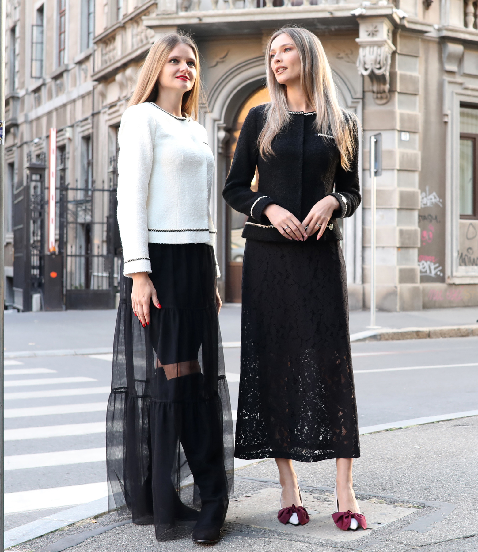 Evening outfits with bouclé wool-blend jackets and long skirts