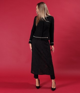 Lace midi skirt with ankle pants and boucl jacket