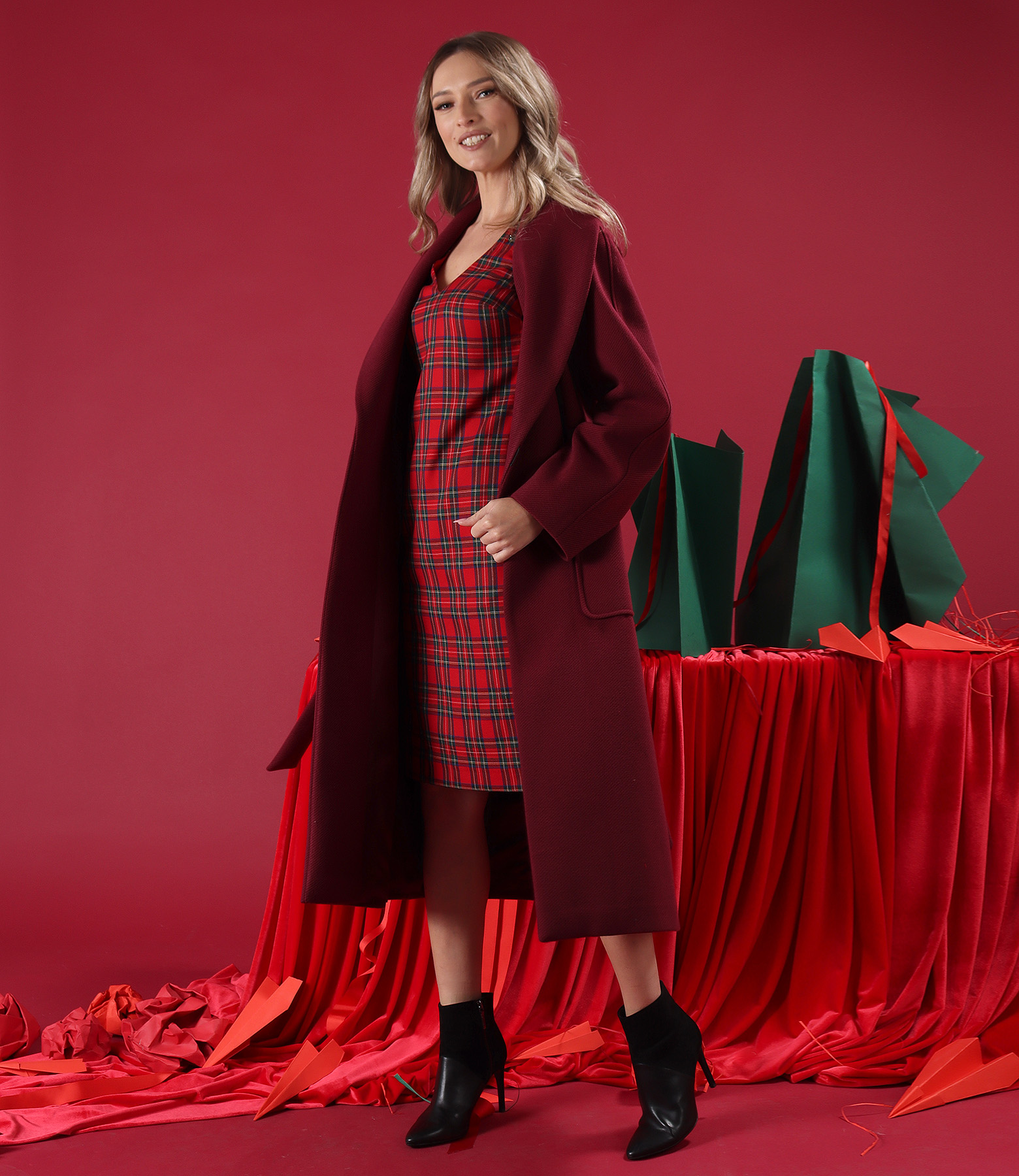 Checkered midi dress with crystals on the decolletage