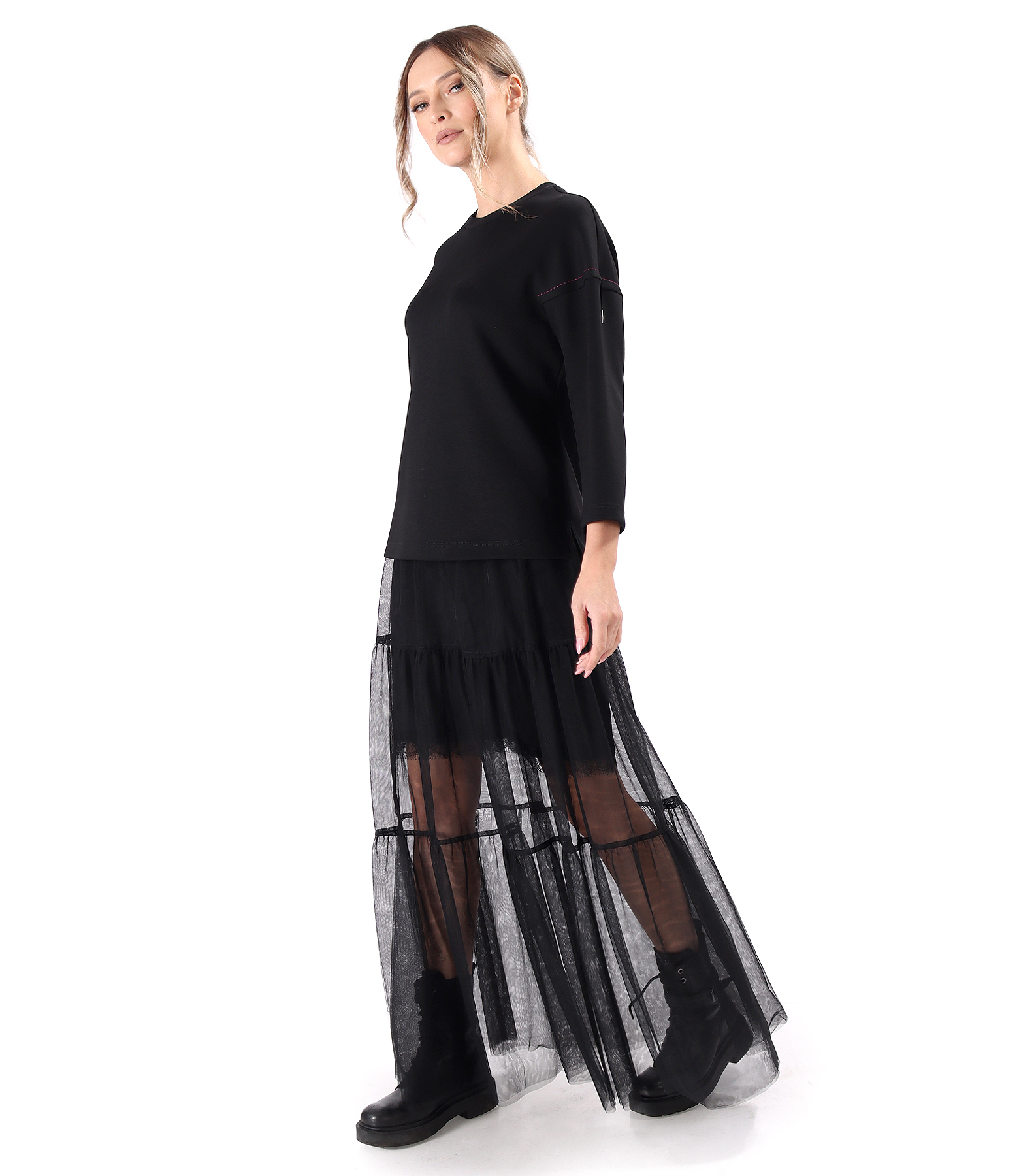 Relaxed-fit satin slip skirt with lace