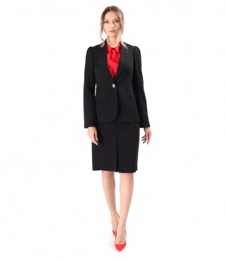Womens office suit with flared skirt, jacket and viscose satin blouse