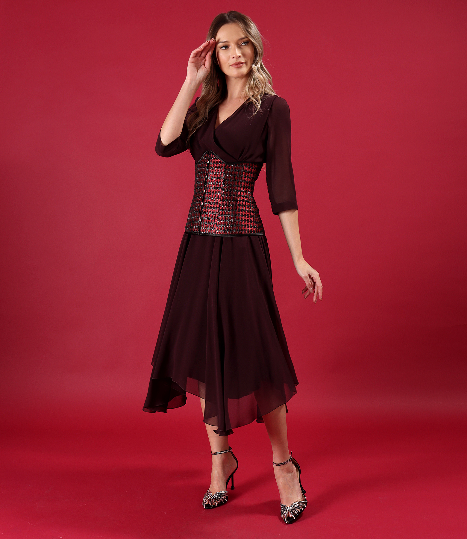 Evening set with chiffon dress and corset