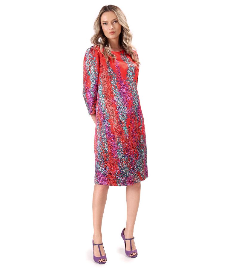 Loose-fitting natural silk dress printed with geometric motifs