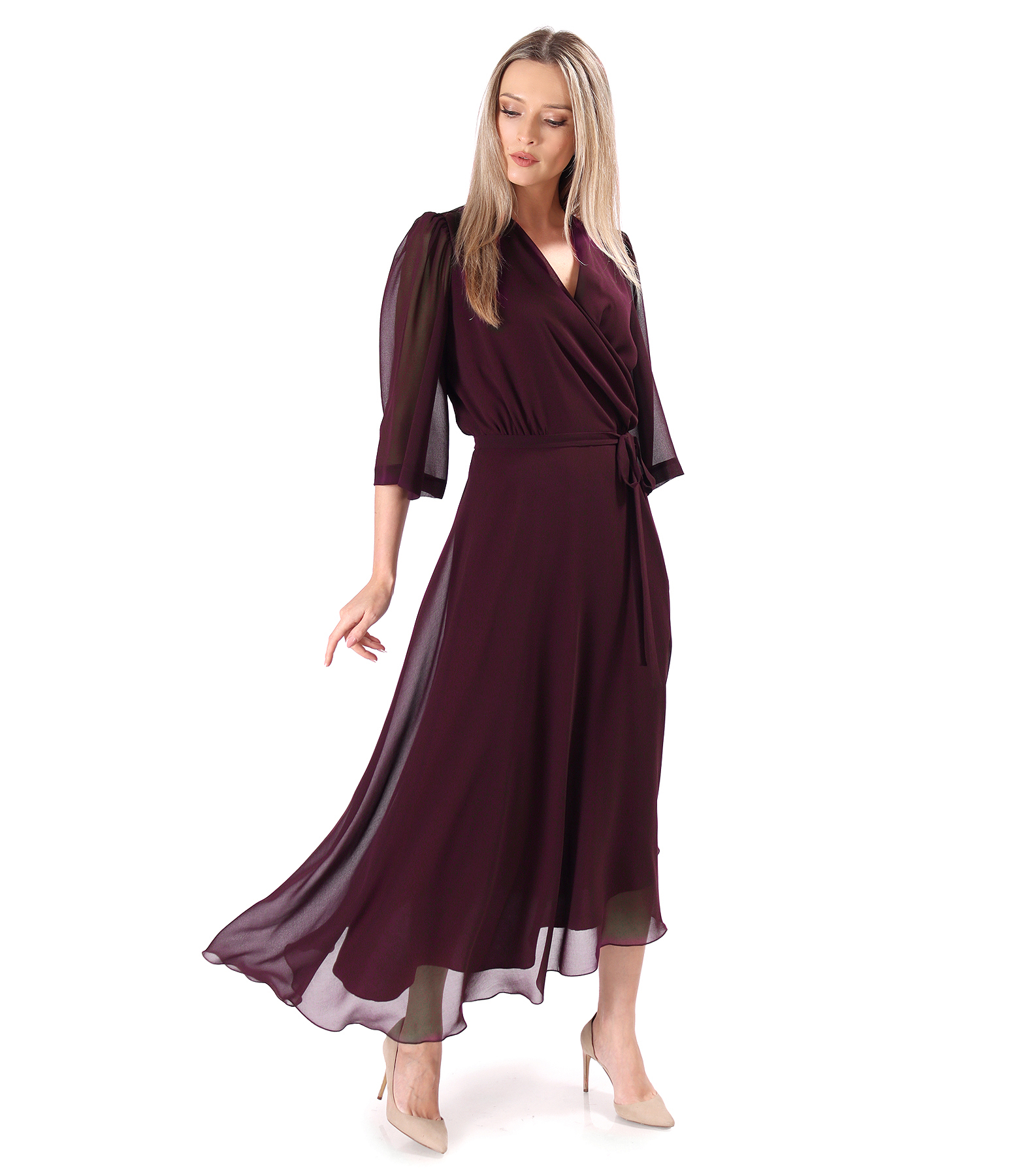 Asymmetric midi dress in plain veil
