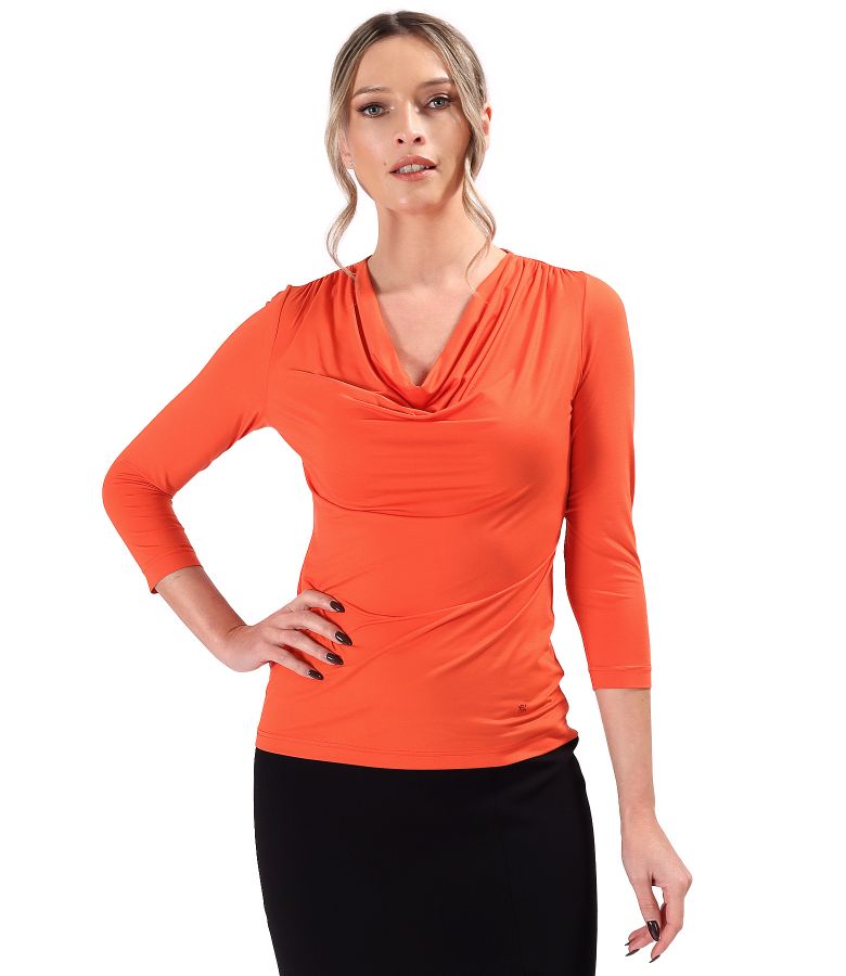 Elastic jersey blouse with pleated neckline and 3/4 sleeves