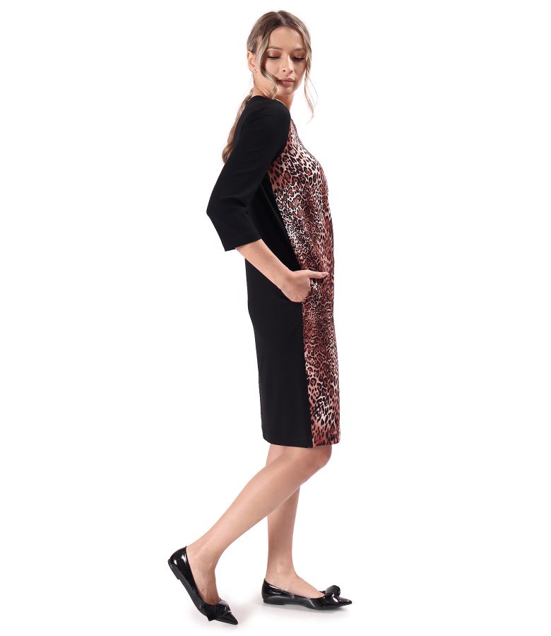 Casual dress with front made of fabric with animal print