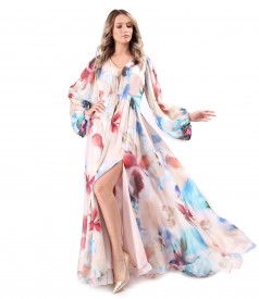 Long evening dress made of printed veil