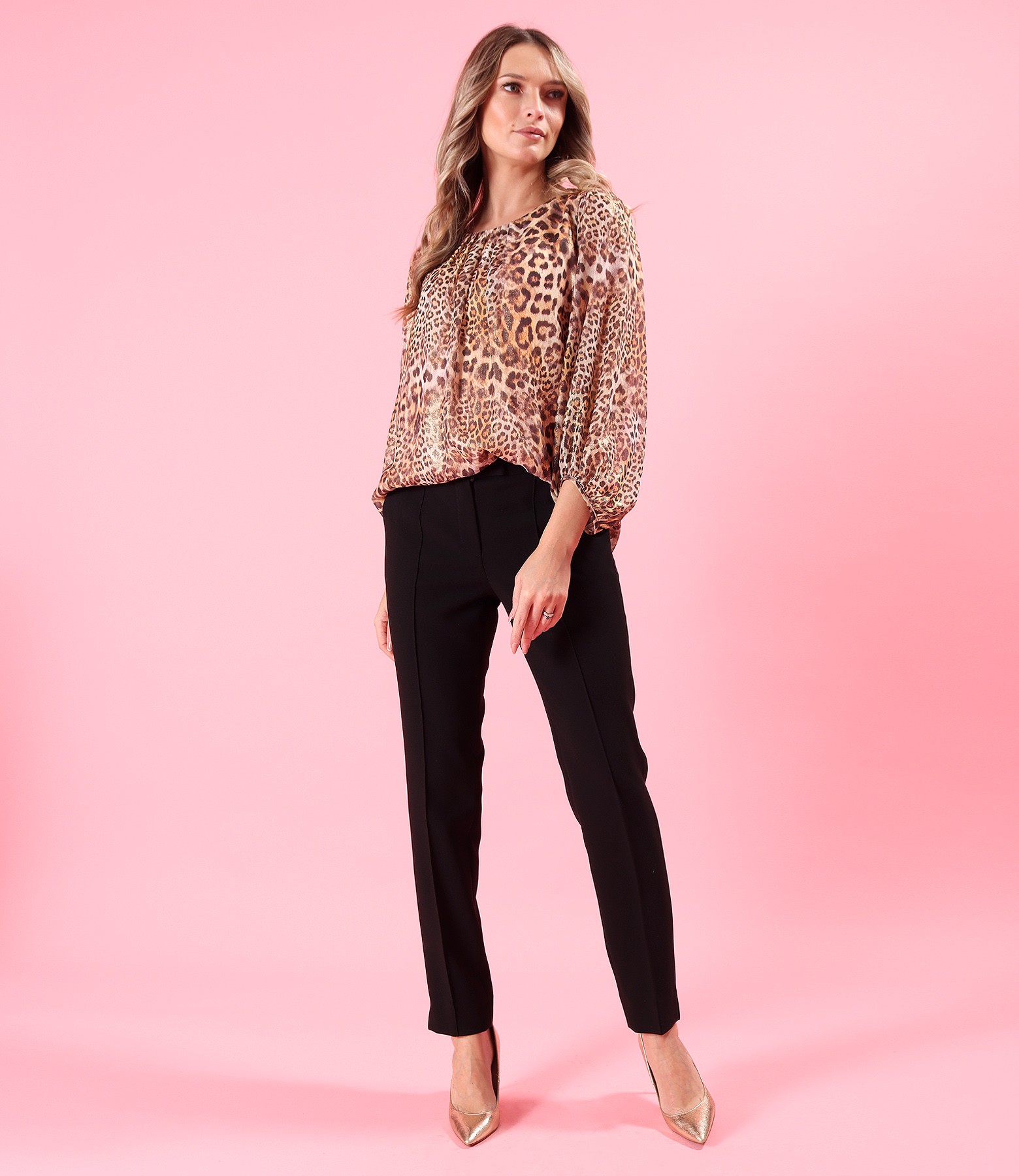 Blouse with folds at the neckline made of animal-printed veil and lurex thread